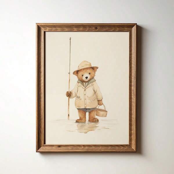 1 pezzo Quadro da parete con stampa di orsetto pescatore per cameretta, stampa su tela di orso pescatore, cartellone di pescatore per decorare la stanza dei bambini o la camera da letto, regalo per lei senza cornice