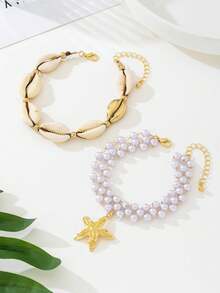 1set Summer Island Style Shell And Faux Pearl Starfish Anklet Foot Jewelry - Yellow Gold - View 4