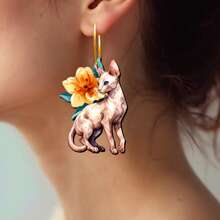 Pendientes de madera con flor amarilla y gatito