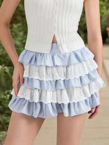 Women's Plaid Print Mini Skirts High Waist Lace Patchwork A-Line Skirts Layered Ruffle Skirts - Biru - View 1