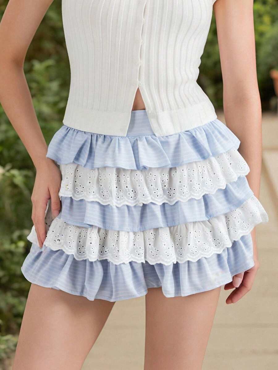 Women's Plaid Print Mini Skirts High Waist Lace Patchwork A-Line Skirts Layered Ruffle Skirts - Biru - View 1