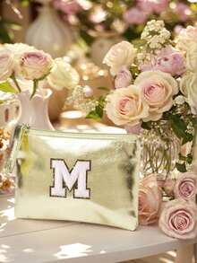 Golden Shimmering Pu Makeup Bag, Embroidered With Towel Initials A-Z, Large Capacity Makeup Bag, Stylish And Simple Coin Wallet, Elegant Ladies' Shiny Handbag, Mini Fashionable Pu Coin Wallet, Simple Solid Color Shiny Storage Bag - Gold - View 7