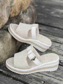 Girls' Casual Solid Color Open Toe Sandals, Thick Bottom Rope Wedge Fashion Slippers, Suitable For Indoor And Outdoor Wear In Summer (Run Small)