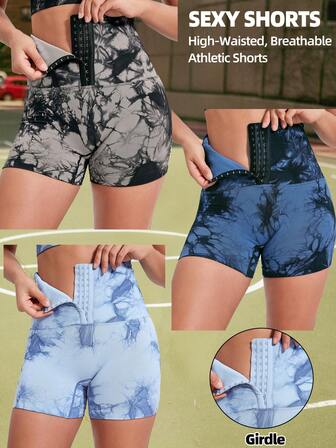 3 件套女式扎染纽扣骑行短裤，无缝高腰提臀健身短裤