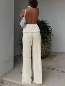 女士褶皱露背无袖短款上衣和阔腿裤套装，纯色性感夏季 - 杏色 - 查看 2