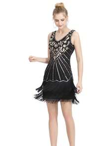 Retro V-Neck Sequined Performance Fringed Party Latin Dance Dress Women Competition - Black - View 9