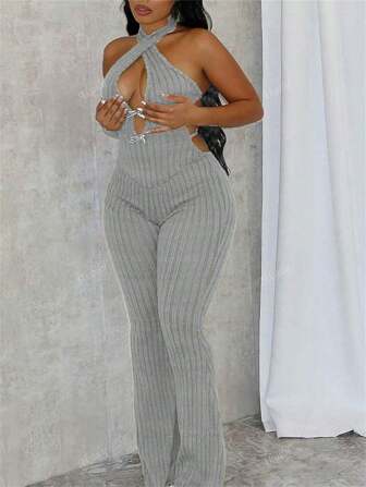 Summer Street Solid Color Slim Fit Jumpsuit Sleeveless Halter Bandage Backless Tracksuit Casual For Women