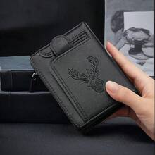 CarrKen 1 件男士黑色鹿头图案短款钱包多卡位双折信用卡夹多功能拉链零钱包男士礼物钱包迷你钱包钱包男士钱包皮革小钱包 - 彩色 - 查看 5