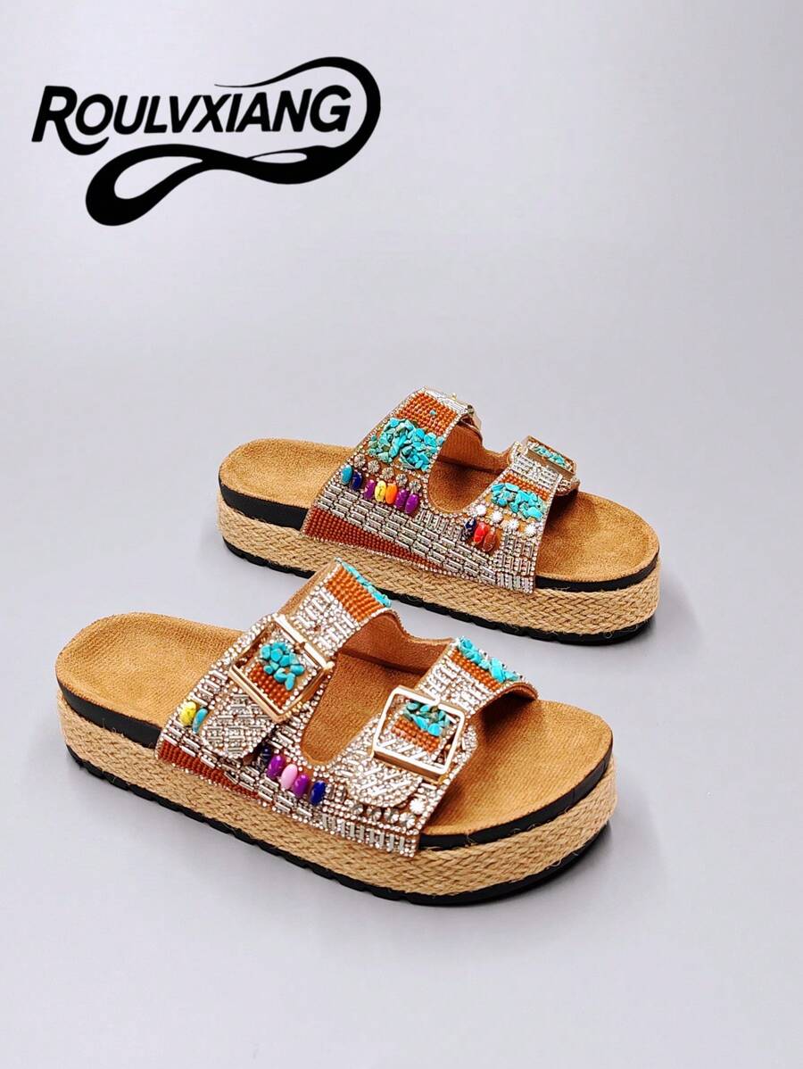 roulvxiang Sandalias cómodas de suela gruesa estilo casual con diamantes para uso en casa, vacaciones y exteriores