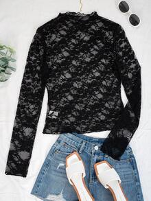 女款春夏装黑色花卉蕾丝上衣透明设计 T 恤修身性感辣妹圆领长袖适合日常穿着、街头、通勤、居家、办公室、约会派对聚会、外穿女上衣