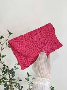 Yogodlns Corn Husk Weave Dinner Clutch Bag Women's Fashion Simple Solid Straw Large Purse Woman Summer Casual - Hot Pink - View 5