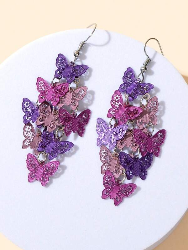 2pcs/Pair New Fashion Colorful Hollow Multi-Level Butterfly Chandelier Earrings For Women Daily Decoration