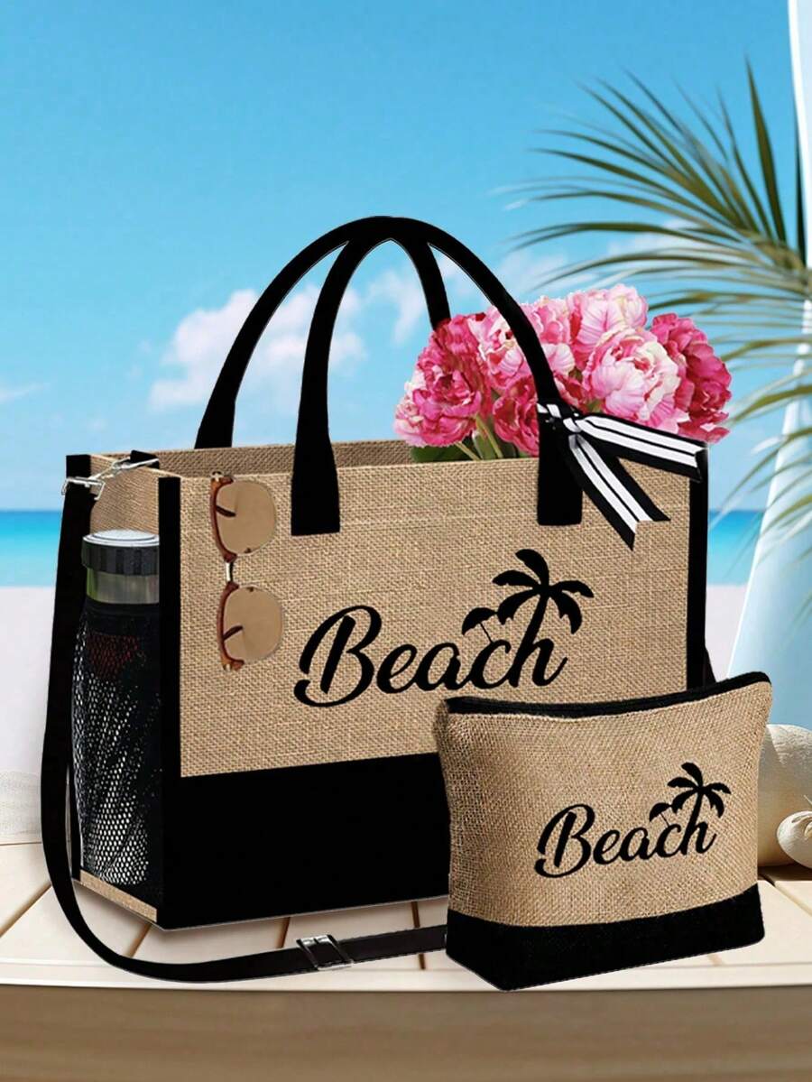 Beach Themed Tote Bag And Wallet, Linen Tote Bag With Beach And Coconut Tree Print, Card Holder, Mother's Day Gift, Multi-Purpose Portable Teacher Tote Bag, Teacher's Day Linen Bag, Gift For Women - Multicolor - View 1
