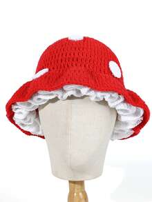 1 件女士手工针织蘑菇帽，可爱小红帽风格，温暖冬季休闲装，节日聚会 - 紅色 - 查看 13