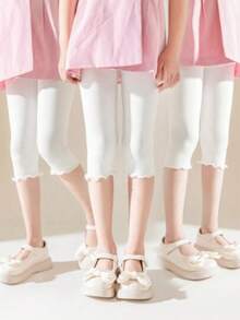 3 件套女童春季新款可爱印花打底裤，儿童松紧腰蕾丝花边针织打底裤