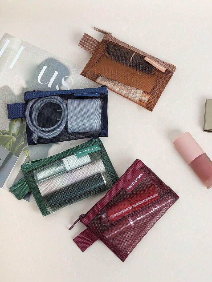 1/4pcs Mini Mouth Red Envelope, Square Mesh Small Storage Bag, Portable Transparent Bag With Zipper, Durable Multifunctional Makeup Bag, Makeup Manager, Keep The Pocket Clean And Tidy, Charger, USB Storage Bag - Multicolor - View 1