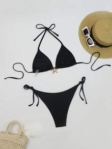 2pcs/Set New Removable Padded Halter-Neck Swimsuit, Metal Starfish Decor, Elegant Sexy Beach Party Bikini, Fashion Women Summer Beach Bikini,Removable Swimwear Pads,Summer Dresses For Women,Summer Clothes Women,Festival,Skirts,Ibiza Outfits,Swimwear Women,Bikini Set,Swimming Costume Women,Beach Wear Women,Holiday Co Ord,Beach Dress,Bikinis For Women Sets,Swimsuit - Black - View 2