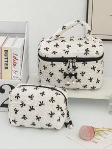 Cute Black&White Ribbon Bow Pattern Cosmetics Storage Bag Soft Fabric Makeup Bag With Detachable Bow Pendant Large Capacity Toiletry Travel Bag With Handle Portable Square Make Up Clutch Bag Fashionable Octagonal Wash Bag With Zipper Good Idea For Wedding Bridesmaid Gifts, Mom Gifts, Birthday Gifts, Valentine's Gift, Back To School Gifts, Travel Must Haves, Beach Bags For Women - White - View 4