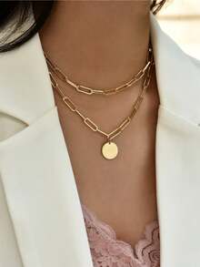 1pc Fashionable Versatile Circle Pendant Multilayer Necklace - Yellow Gold - View 1