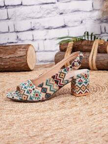 Women's Open Toe Woven Material Ankle Strap Chunky Heel Sandals, Bohemian Retro Style, Resort Retro Style, Sandals, Elegant Casual Versatile Multi-Color Woven Material Women's High Heel Sandals, Comfortable And Lightweight Summer Vacation Shoes (Asymmetrical Retro Print) - Multicolor - View 7