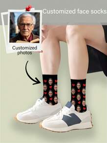 1 Pair Customizable Face Design Men Crew Socks, Heart Pattern Socks, Mother's Day Gift