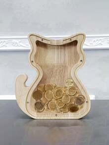 Charming Wooden Cat-Shaped Penny Bank With Clear Glass Lid - Unique Animal Design Coin Storage For Home Decor, Perfect Gift For Birthdays, Christmas, Thanksgiving, Easter & More, Desk & Drawer Organizer For Home Storage - Multicolor - View 5
