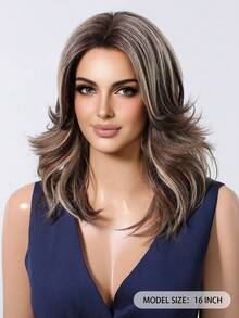 16 英寸长卷发优雅棕色挑染假发，适合时尚女士棕色混合金色合成假发，耐热日常派对度假使用，音乐节个性化假发 - 挑染棕色 - 查看 3