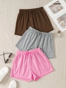 3pcs/Set Solid Color Elastic Waist Sports Shorts - Grey - View 2