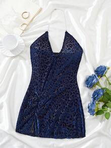 Ning xue yan ying 女士蓝色猎豹印花深 U 领露背挂脖金属链侧开衩露肩紧身短裙性感内衣（仅睡袍） - 藍色 - 查看 7