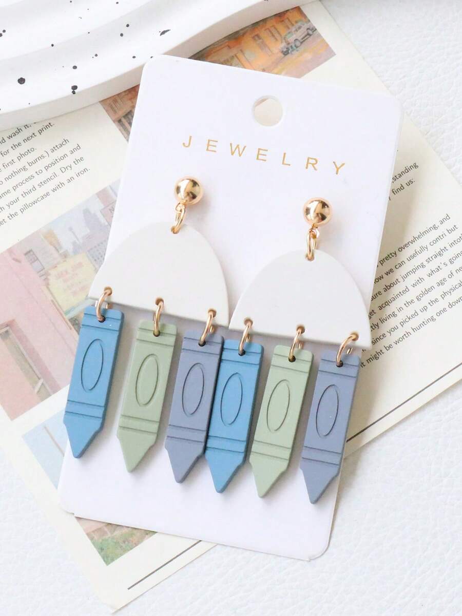 1 Pair Acrylic Faux Soft Clay Enameled Crayon Earrings, Geometric Semi-Circle Personalized Elegant Earrings, Graduation, Back To School, Teacher's Day Gift, Party Wear - Crayon - View 1
