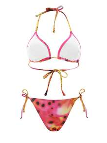 Sexy Tie-Dye Random Print Halter Neck Strap 2Pcs Bikini Set,Removable Swimwear Pads,Summer Dresses For Women,Summer Clothes Women,Festival,Skirts,Ibiza Outfits,Swimwear Women,Bikini Set,Swimming Costume Women,Beach Wear Women,Holiday Co Ord,Beach Dress,Bikinis For Women Sets,Swimsuit - Multicolor - View 2