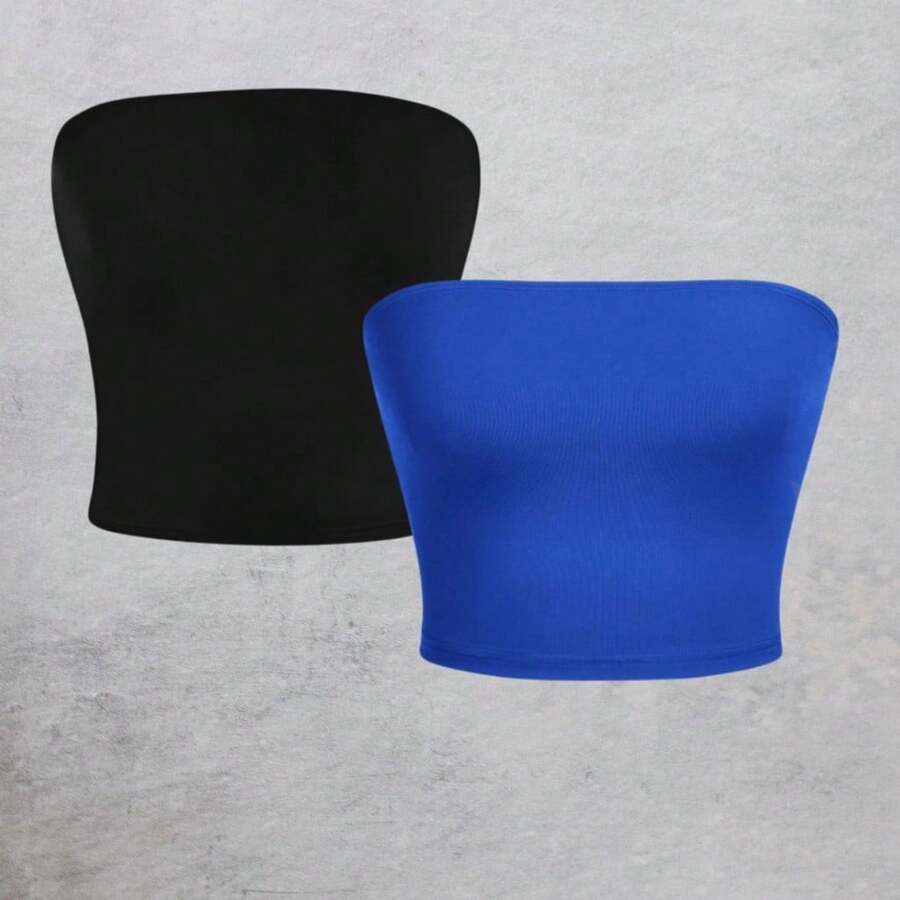 KIT 2 Tube Top Women's Bandeau Cropped Tube Top Strapless Basic Suplex Double Lining Without Pads - 皇家藍+黑色 - 查看 1