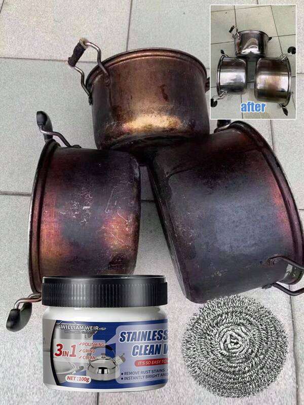 100g Stainless Steel Pot Bottom Cleaner Paste, Strong Removal Of Burnt Stains, Rust, Polishing Agent, Suitable For Cleaning Utensils, Faucets, Door Handles, Bathroom, Sink, Effectively Removes Rust Without Damaging Metals