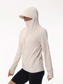 女士防晒防紫外线夹克轻便户外休闲长袖连帽夹克防晒防紫外线全拉链上衣 - 杏色 - 查看 2