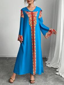 优雅宽松连帽长袖长袍，轻盈透气休闲长袍，度假风格长袍，传统阿拉伯服装，节日长袍 - 寶藍色 - 查看 3