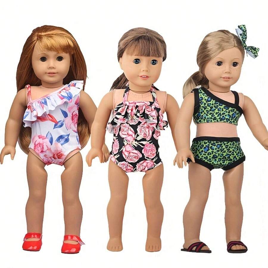 3 Sets, Fits 18 Inch Dolls, Fashion Doll Summer Cute Swimwear Set, Includes 2 Pieces Bikini, 1 Piece Swimsuit, 1 Hair Clip, 5 Pieces Total, Excluding Doll And Shoes, Great Gift For Friend