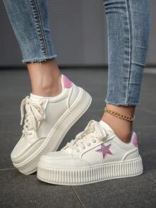Zapatillas deportivas casuales con cordones y efecto color block para mujer, zapatos deportivos ligeros y versátiles con estampado de estrella para uso en exteriores - Rosa Fucsia - Ver 4