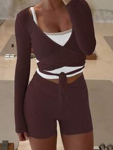 Ballet Wrap Tie Top Women Pilates Workout Yoga White Cross Wrap Top Y2k V Neck Long Sleeve Slim Fitted Self Tie T-Shirts Tops - 棕色 - 查看 4