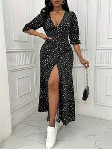 Plus Size Women's Polka Dot Long Dress With Sleeve And Ruched Waist - Black - View 1