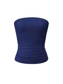 Áo tank top không dây, màu trơn, co giãn ôm sát Vaiaye dành cho nữ, áo camisole cơ bản không dây thời trang cho mùa xuân và hè. - Màu xanh hải quân - Xem 3