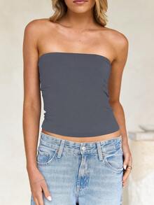 Women's Summer Sexy Strapless Basis Vest Double Layered Thickened Opaque Fashion Solid Elastic Slim Fit Tube Top For Women Four Seasons Wear - 藍灰色 - 查看 8