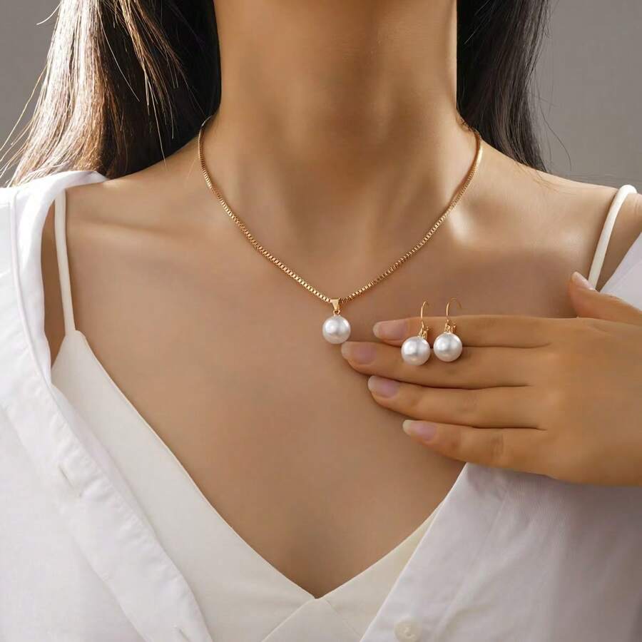 3pcs Set Fashionable Minimalist Faux Pearl Necklace And Earring Jewelry Set, Suitable For Women Party And Daily Wear