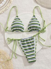 PEPPERMOLLY New Soft Striped Terry Cloth Adjustable Strap Criss-Cross Back Sexy Bikini Set, Women's Summer Beach Fashion Swimwear - Green - View 4