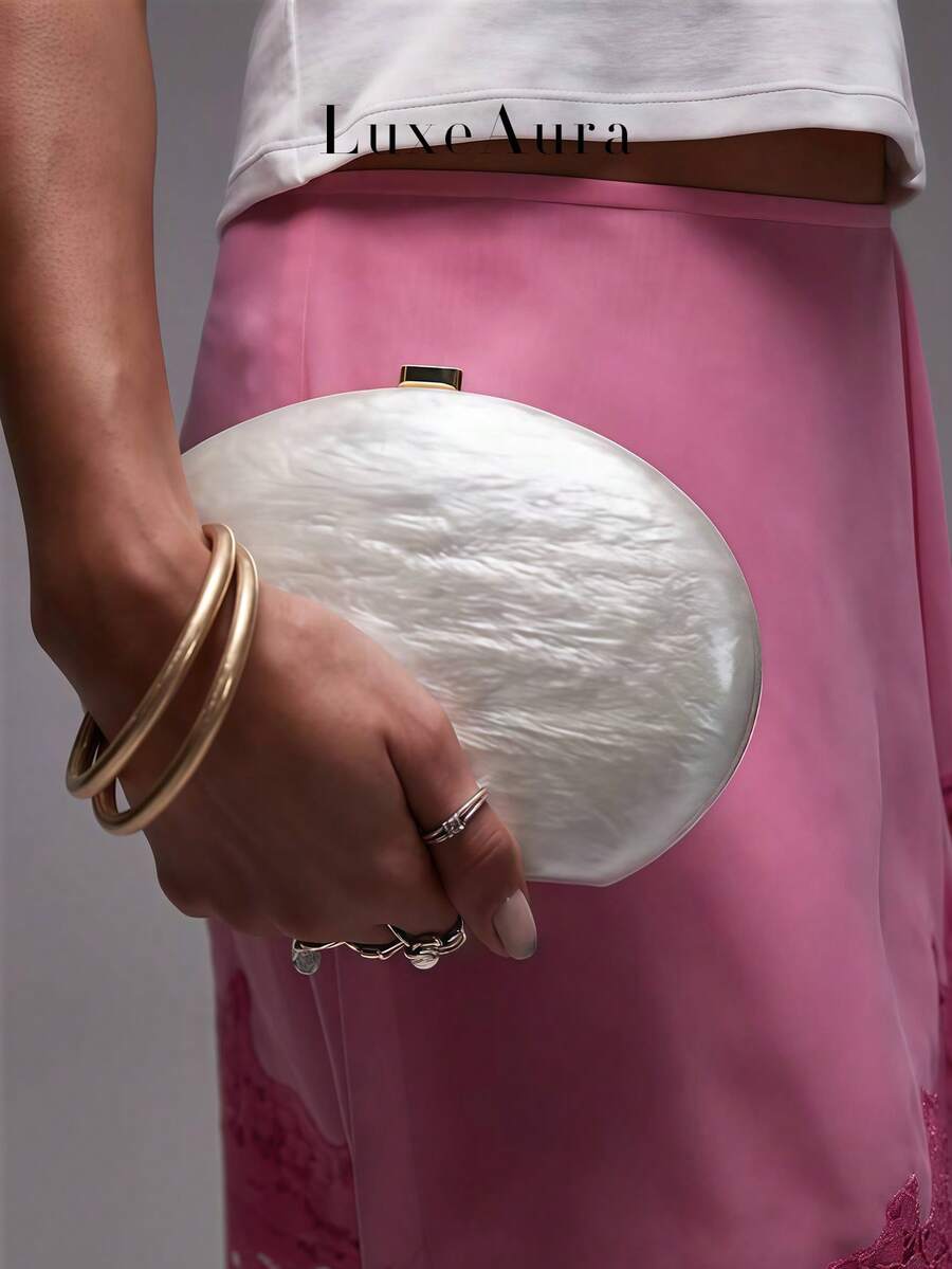 New Crescent Moon Saddle Bag, Flat Oval Acrylic Large Marble Pattern Evening Bag, Party Banquet Wedding Bridal Clutch Chain Shoulder Crossbody Bag For Women - White - View 1