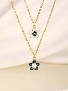 2pcs Elegant Stainless Steel 5 Petal Flower Charm Necklace, Delicate Summer Clavicle Necklace, Sweet Casual Streetwear Accessory Gift For Men & Women