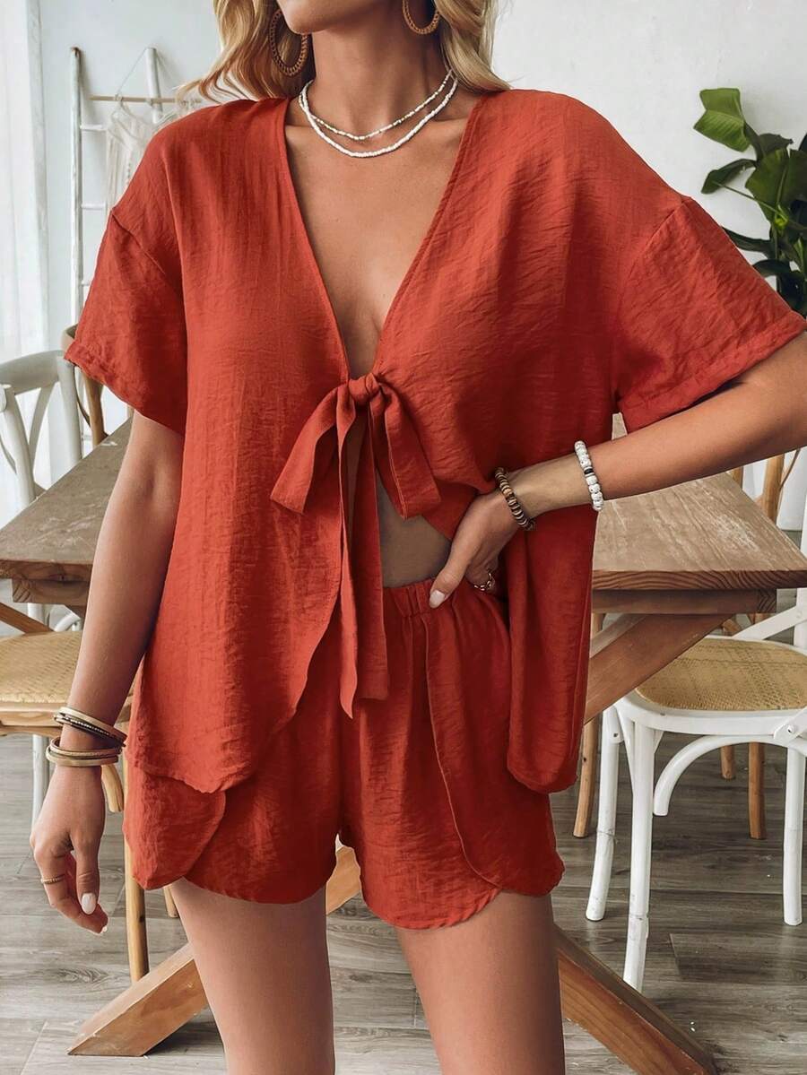 Women's Summer Casual Solid Color Shirt And Shorts Set - Brick Red - View 1