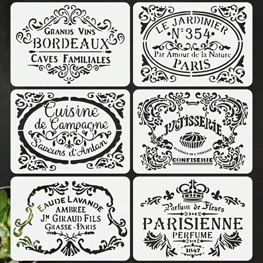 6 piezas de plantillas reutilizables de pintura en inglés - 8.27*5.83 pulgadas, adecuadas para pintar en piso, pared, azulejo, tela, muebles y otros materiales - Blanco - Ver 1