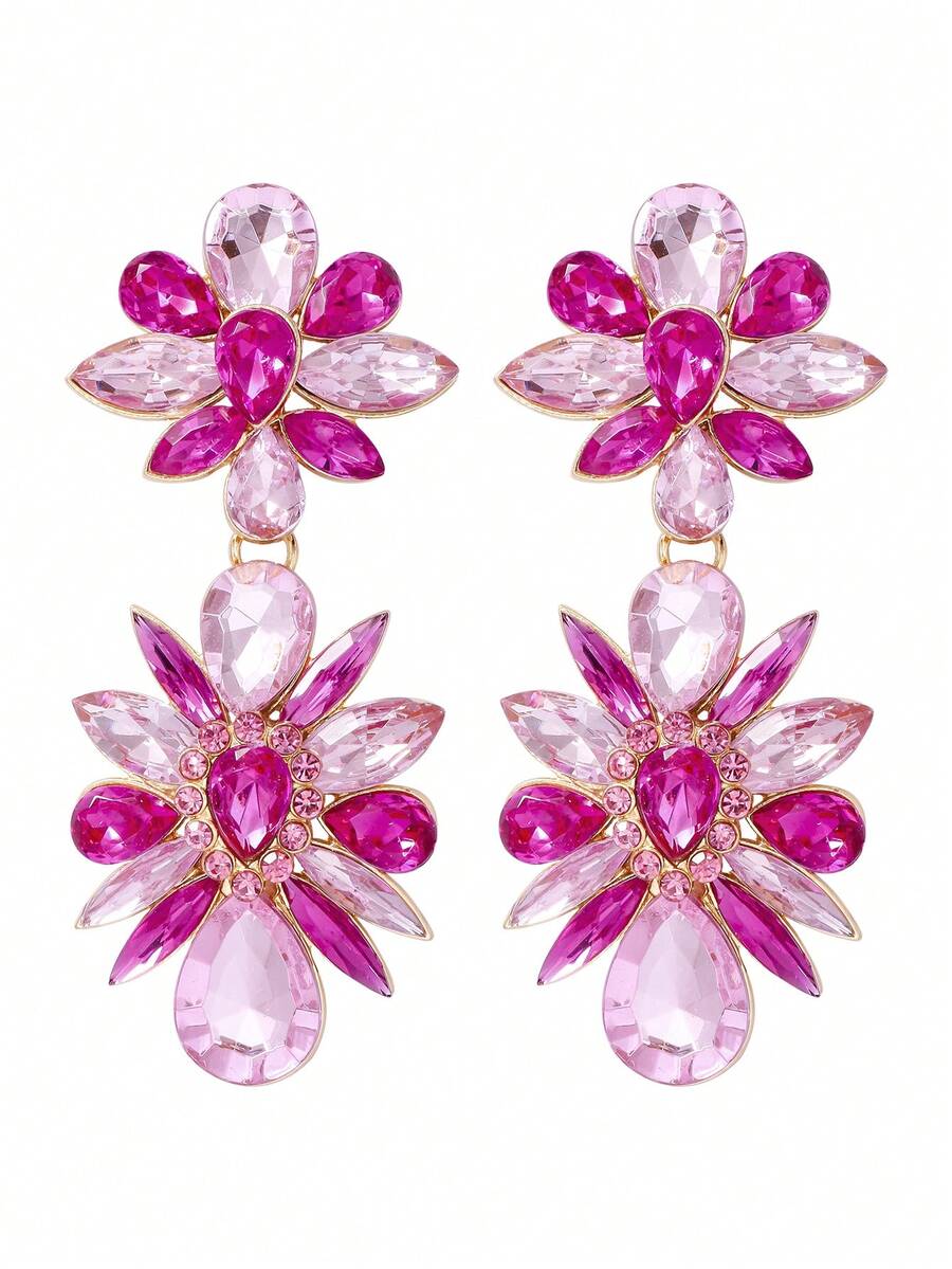 juran 1 Pair Women's Exaggerated Crystal Flower Pendant Earrings, Jewelry Gift For Wedding, Date, Party - Baby Pink - View 1