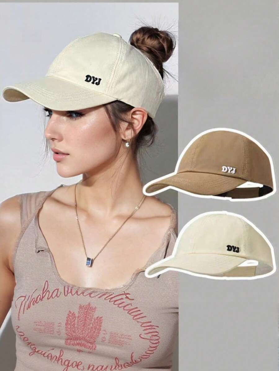 Gorra de béisbol casual y versátil para mujer, con diseño de boca abierta, decoración bordada con letra en la parte delantera, abertura trasera para coleta, cómoda y de moda, adecuada para uso diario y deportes - Multicolor - Ver 1