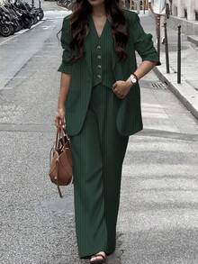 女士休闲通勤条纹夹克、裤子、背心三件套西装套装，春夏